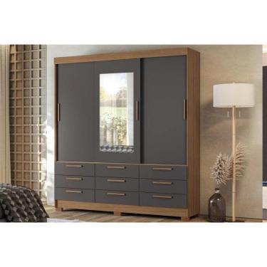 Imagem de Guarda Roupa Casal 3 Portas De Correr (1 C/ Espelho) E 9 Gavetas C/ Pés Morretes 3.9 Jatobá/grafite - Santos Andirá