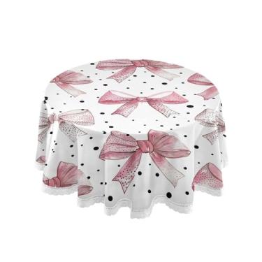 Imagem de SEHANY Toalha de mesa redonda com laço rosa de 152 cm, tecido lavável sem rugas, toalha de mesa decorativa de renda para restaurante, casamento, acampamento, festa de cinco de maio