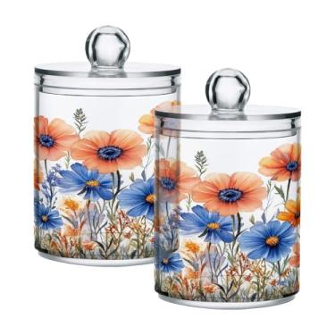Imagem de ATTX Dispensador de suporte Qtip de flores silvestres em aquarela para bola de algodão, cotonete, frasco de boticário transparente, decoração de casa, pote de armazenamento de cozinha, pacote com 2