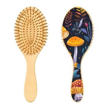 Imagem de SEHANY Escova de cabelo de madeira Forest Mushroom para mulheres e homens, escovas de cabelo de cabeça redonda, escova de cabelo para massagem do couro cabeludo suave e desembaraçadora para todos os