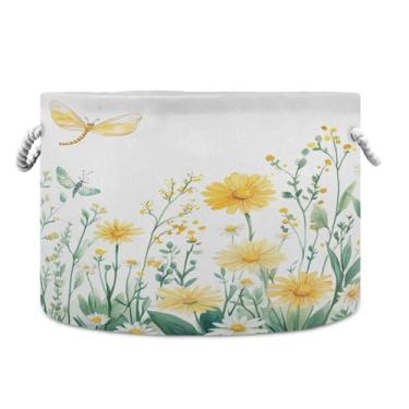 Imagem de Blueangle Cesta de armazenamento de flores silvestres e borboletas de 50,8 cm P x 35,5 cm A – Cesto de lavanderia dobrável extragrande, organizador de brinquedos redondo e armazenamento doméstico à