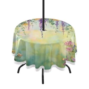 Imagem de Blueangle Toalha de mesa redonda impermeável com pintura de girassóis em aquarela de 152 cm com orifício para guarda-chuva - Tecido resistente para todos os climas à prova de sol para pátio