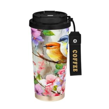 Imagem de SEHANY Caneca de café de viagem Flores e pássaros de 482 g com tampa revestida de cerâmica e à prova de vazamento, parede dupla, copo de aço inoxidável isolado a vácuo para bebidas quentes e frias