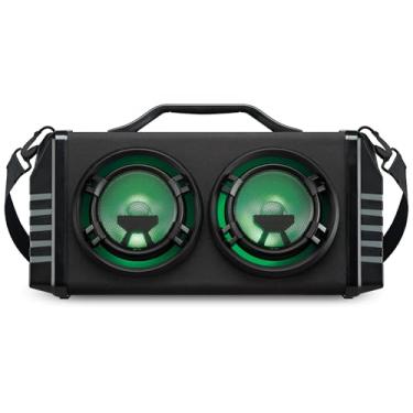 Imagem de iLive Boombox Bluetooth portátil IBB503GEO com rádio FM e 2 entradas de microfone, luzes LED que mudam de cor, alça de transporte, preta com padrão geométrico