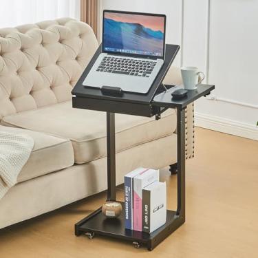 Imagem de Mesa de canto de madeira em forma de C com rodas – mesa de cabeceira pequena de madeira com rodinhas para sofá com gaveta de armazenamento, bandeja de TV com ângulos ajustáveis modernos, mesas de sofá