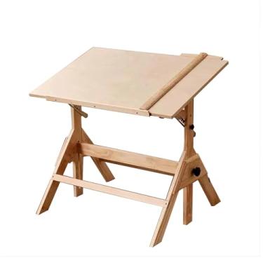 Imagem de HGTRH Mesa de desenho com ajuste de altura, mesa de suporte sentado com régua barras antiqueda 180° painel de bétula inclinável base de pinheiro faixa de elevação 74-86 cm 90 x 60 cm mesa de pé B