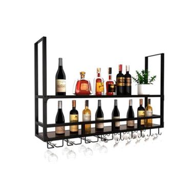 Imagem de Prateleira de vinho de teto, prateleira suspensa para copos de vinho, prateleiras flutuantes de altura ajustável, rack de exibição de bar multifuncional com 2 suportes de vidro, rack de armazenamento