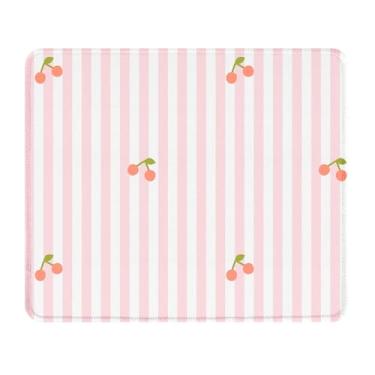 Imagem de Seorsok Tapete de mouse com listras rosa e brancas e cerejas, mouse pads texturizados premium para laptop de escritório, tapetes de mouse quadrados laváveis fofos com bordas costuradas estendidas base