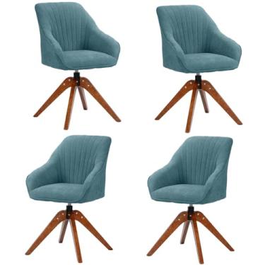 Imagem de HGTRH Cadeira de mesa giratória, moderna de meados do século, com detalhes de fibra de algodão com pernas de madeira D 4 peças