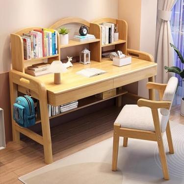 Imagem de Mesa infantil com prateleiras e armazenamento com pernas, mesa de estudo com gaiola e gaveta para quarto, mesa infantil ajustável em altura para todas as crianças com gaiola e 2 gavetas cor de madeira