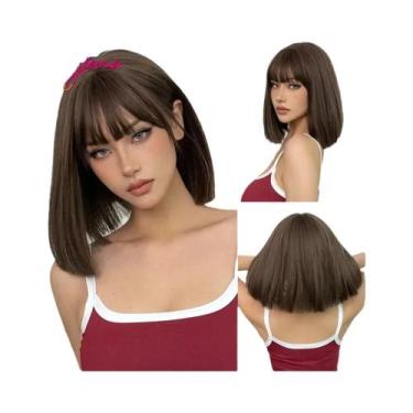 Imagem de Peruca Sintética Preta Lisa Curta Com Franja Para Mulheres, Cabelo Afr