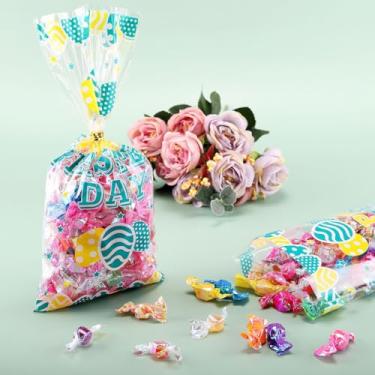 Imagem de 50 unidades de sacos de guloseimas de celofane de Páscoa com laços torcidos, sacos de lembrancinha de festa de Páscoa para doces, biscoitos, lanche de chocolate
