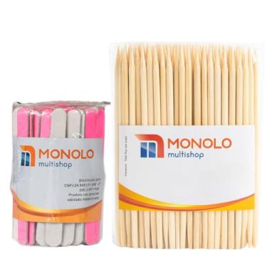 Imagem de Kit 100 Lixas Unha Mini + 100 Palitos Manicure Pedicure Podóloga Descartável Profissional Salão Brinde Marca MONOLO MULTISHOP (Rosa)