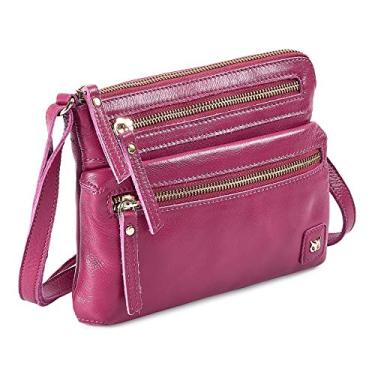Imagem de Wise Owl Accessories Bolsa transversal feminina pequena de couro real com zíper triplo - bolsa tiracolo vintage premium, Nappa rosa fúcsia, 6” x8.5” x 1.5”