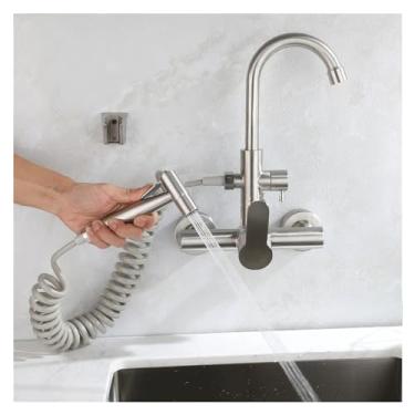 Imagem de Torneira de cozinha de mistura quente e fria de aço inoxidável 304 com furo duplo, montagem na parede, varanda, lavanderia, torneira giratória com pistola de pulverização, torneira de pia de banheiro