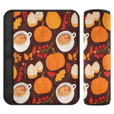 Imagem de Burbuja Almofadas de cobertura para cinto de segurança de carro Pumpkin Spice Cups Protetor de cinto de segurança de carro macio confortável para alça de ombro de assento, 1 par médio