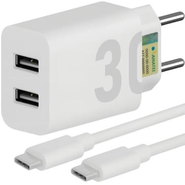 Imagem de Carregador Super Turbo 30W Ultra Rápido Porta Dupla Tipo C e USB Com Carregamento Rápido + Cabo Tipo C Compatível Com Todos Os Dispositivos, Motorola, Samsung, IPhone 15/16, Xiaomi Premium (Branco)