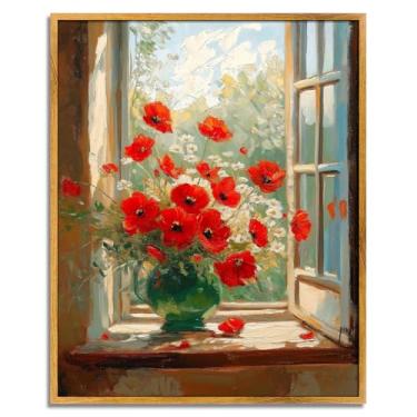 Imagem de Tela floral de janela arte moderna papoula imagem de flor rústica impressões vintage pinturas de papoulas vermelhas pinturas vintage country arte de fazenda flor pôster retrô impressões botânicas 20 x