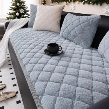 Imagem de XSlive Capa de sofá de pele sintética para cães, lavável, macia e grossa para sofá de 3 almofadas, tapete xadrez antiderrapante para cães (cinza claro, 71 x 238 cm)