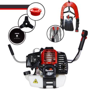 Imagem de Roçadeira À Gasolina RT52-L Toyama 2 Tempos 52cc 2HP Alta Rotação Cortador de Grama Completo Com Carretel de Nylon + Faca 3 Pontas + Faca 80 Dentes