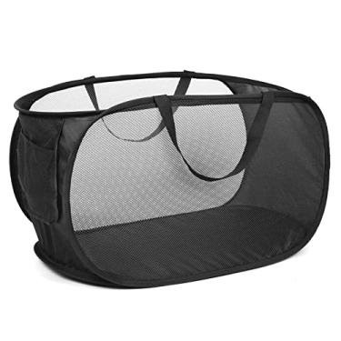 Imagem de Cestas de lavanderia, cesto de roupa suja dobrável de malha com alças e bolso lateral, cesta de armazenamento de roupas para lavanderia, banheiro, quarto de crianças, dormitório ou viagem (preto, 58 x
