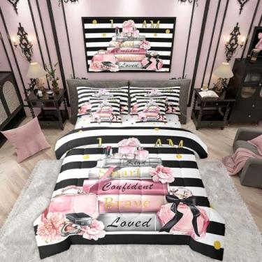 Imagem de Erosebridal Conjunto de edredom com lençol de solteiro, para meninas, moderno, com citações inspiradoras, abstrato, preto, branco, listras, livros, perfume floral, maquiagem, 7 peças