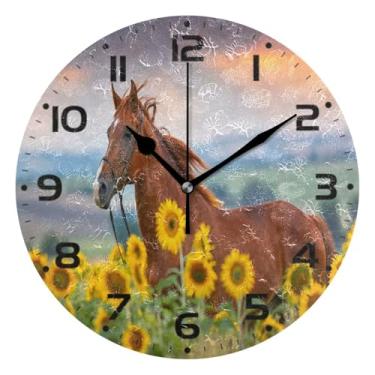 Imagem de JUZIHAI Relógio de parede com garanhão vermelho girassol silencioso, sem tique-taque, redondo, operado por bateria, fácil de ler, relógio decorativo de parede para casa, cozinha, sala de estar, quarto