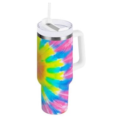 Imagem de ODAWA Caneca grande colorida isolada tie dye com tampa e canudo, copo isolado a vácuo de aço inoxidável com tampa 2 em 1