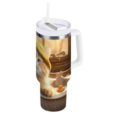 Imagem de Copo isolado a vácuo grande com tampa e canudo, copos isolados para viagem com bolhas de banheira para gatos