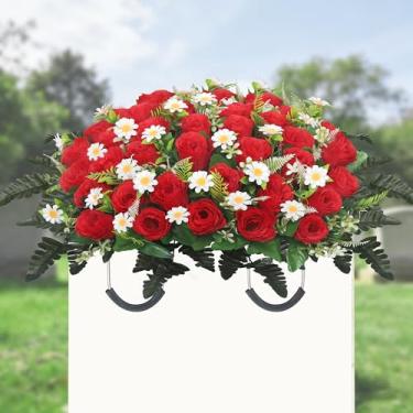 Imagem de Lodou Sela artificial de flores de cemitério – flores artificiais de rosas memoriais, selas de flores para túmulos – para decorações de lápide no Dia da Memória, Natal, Dia dos Namorados (vermelho)
