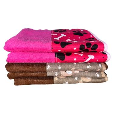 Imagem de Toalha de Banho Pet, Kit 5 Pçs, Ideal para Cães e Gatos, Alta Absorção, Seca Rápido, Toque Macio, Super Absorvente, 3 Marrom + 2 Pink
