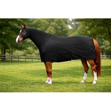 Imagem de Majestic Ally Lençol de cavalo de corpo inteiro com capa de pescoço, elastano elástico em 4 vias, várias cores, pequeno a extra grande (preto, pequeno)