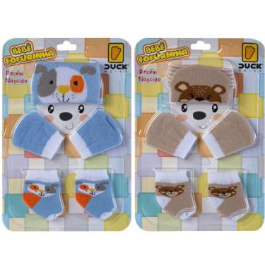 Imagem de 2 Kit Bebê Meias Touca Luvas Recém Nascido Menino Saída Maternidade - 