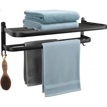 Imagem de Porta Toalhas Banheiro Duplo 47cm Preto Fosco – Alumínio, Com Ganchos, Instalação Fixa com Parafusos, Antiumidade