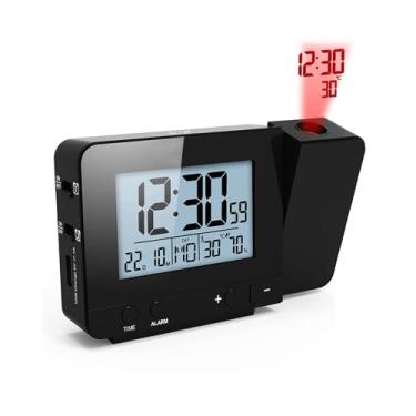 Imagem de Despertador de Projeção para Quarto Com Termômetro Higrômetro Projeto Digital Relógio de Teto Tela LED Regulável Com Carregador USB 180 ° Giratório Com Alarmes Duplos (Preto)