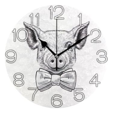 Imagem de GAIGEO Relógio de parede decorativo analógico redondo sem tique-taque silencioso relógio de cozinha de escritório, decoração de parede vintage, sala de estar, porco fofo preto branco, 25 cm, ponteiros