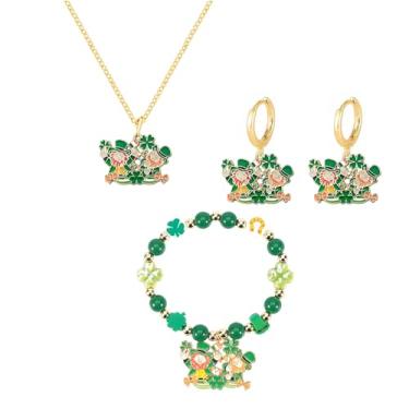Imagem de QLUYCKW Conjunto de brincos e colar de dia de São Patrício para mulheres, trevo verde, trevo, pingente, elegante, chapéu elegante, pulseira elástica com contas da sorte, dia de São Patrício