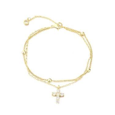 Imagem de Pulseiras femininas delicadas de brascelet banhado a ouro imitação de zircônia cúbica CZ cruz Jesus berloques em camadas declaração moda religiosa fé esperança cristã joias de batismo