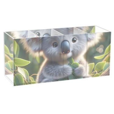 Imagem de TSENQUE Porta-lápis de mesa, fofo, coala, árvore, folhas verdes, pincel, caneta, copos, armazenamento de lápis, arte de escritório, personalizado, estética, armazenamento de mesa