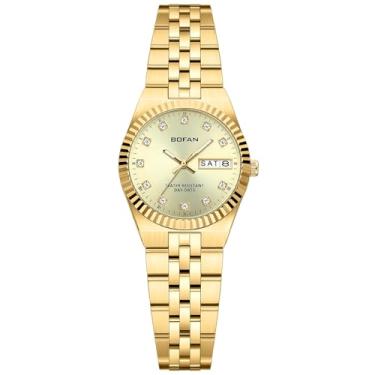 Imagem de BOFAN Relógio feminino vintage dourado com mostrador de diamante de luxo, mostrador de data e semana, pulseira de aço inoxidável, à prova d'água. Ferramenta de ajuste incluída (todos dourados)