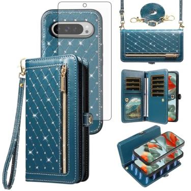 Imagem de Asuwish Capa de telefone para Google Pixel 9 Pro XL carteira com zíper destacável capa celular protetor de tela de vidro temperado alça transversal flip bling titular cartão de crédito Pixel9 9Pro