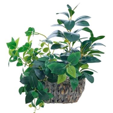 Imagem de AlphaAcc Arranjo de eucalipto misto de plantas falsas de 43 cm, ficus pothos, com cesta oval de vime, vegetação sintética, plantas artificiais realistas, para sala de estar, quarto, cozinha