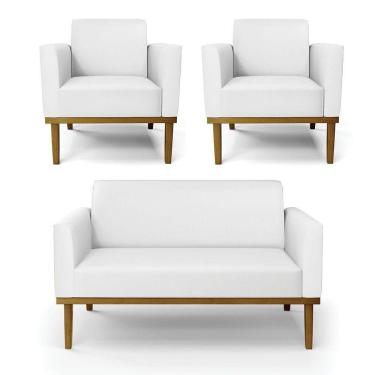 Imagem de Sofá Namoradeira Com 2 Poltronas Base De Madeira Fixa Castanho Marisa Corino Branco