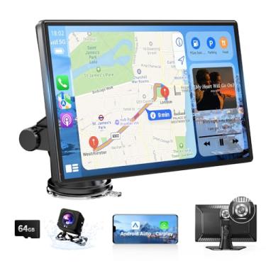 Imagem de Carplay portátil de 9 polegadas e tela sensível ao toque automotivo Android, estéreo automotivo sem fio com câmera 4K, câmera reserva 1080p, navegação GPS, link espelhado, controle de voz, FM, Siri