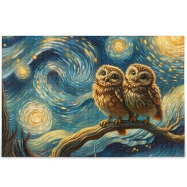 Imagem de Corujas personalizadas noite estrelada quebra-cabeça floral 500 peças adultos presentes de festa elefante branco paisagem quebra-cabeças impressão animal decoração de arte, 52 cm x 37,8 cm