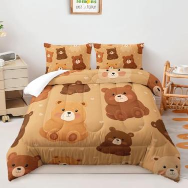 Imagem de AILONEN Conjunto de edredom Queen com 3 peças de ursinho de pelúcia fofo para crianças e adolescentes - Conjunto de cama com urso de pelúcia kawaii marrom - Colcha de boneca de desenho animado com 2