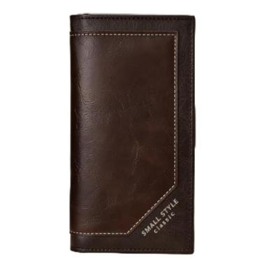Imagem de Carteira masculina minimalista, ultrafina, longa, de couro aberto, design retrô com grande capacidade, bloqueio de RFID e vários compartimentos para cartões (café escuro)
