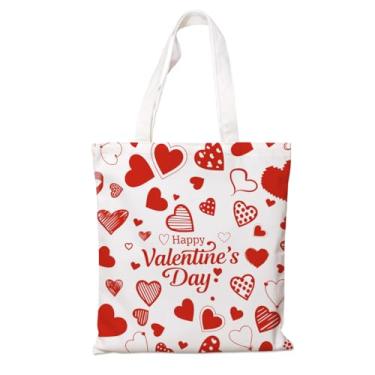 Imagem de Sacola de lona – Bolsa reutilizável para compras e compras, corações de Dia dos Namorados com estampa "Feliz Dia dos Namorados", bolsa de ombro de lona branca para uso diário