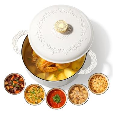 Imagem de Panela de forno holandês de ferro fundido esmaltado resistente a lascas de 6 litros com tampa e elegante puxador oco dourado com detalhe de zircônia cúbica embutida artesanal, seguro para assar