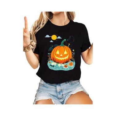 Imagem de Camiseta Feminina De Halloween Com Estampa De Abóbora, Morcego E Giras